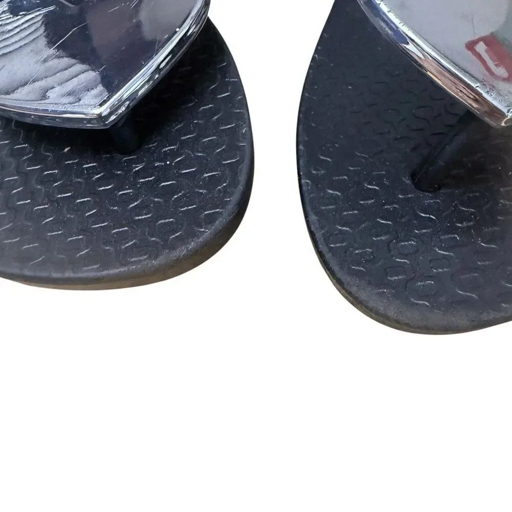 Ipanema Kids Girls Sz 2/3 Black Flip Flops Silver Heart Accent Sandals Slip On